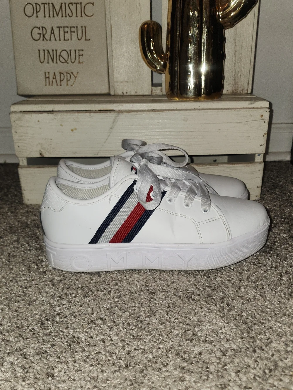 Tommy Hilfiger White Kids Sneakers with Red & Navy Stripe